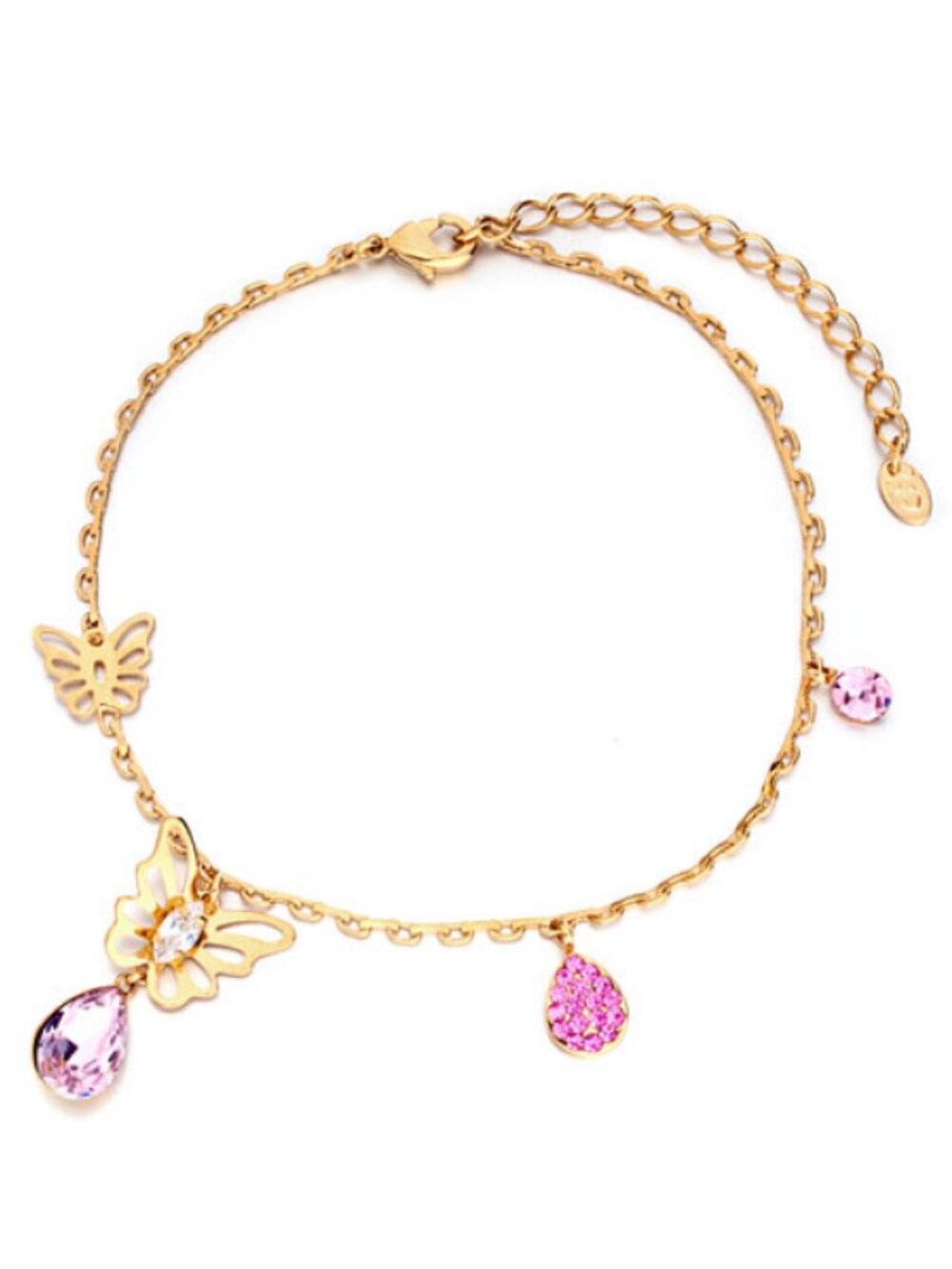 NEW Pugster Gold Tone Butterfly Anklet Charm Bracelet Pink Crystal Dangle